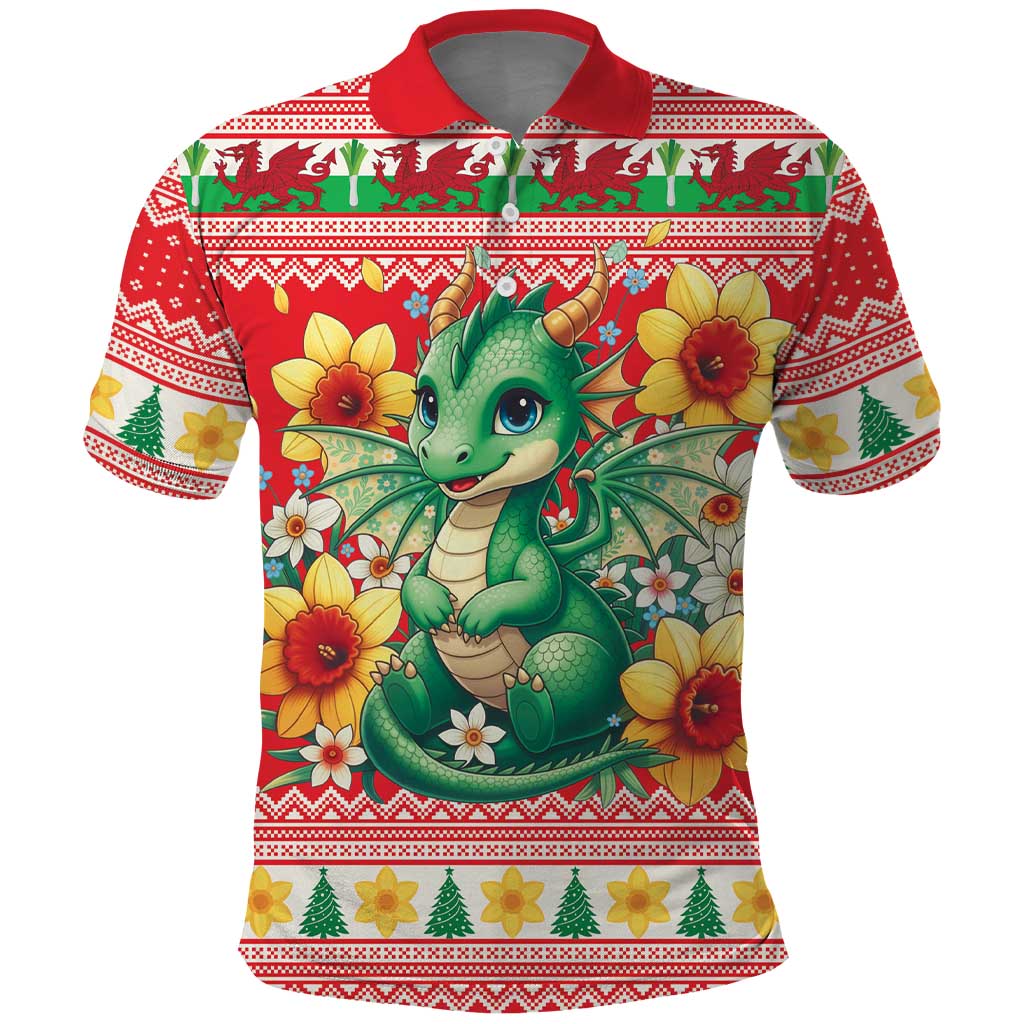 Wales Christmas Polo Shirt Cute Green Welsh Dragon and Daffodils - Wonder Print Shop