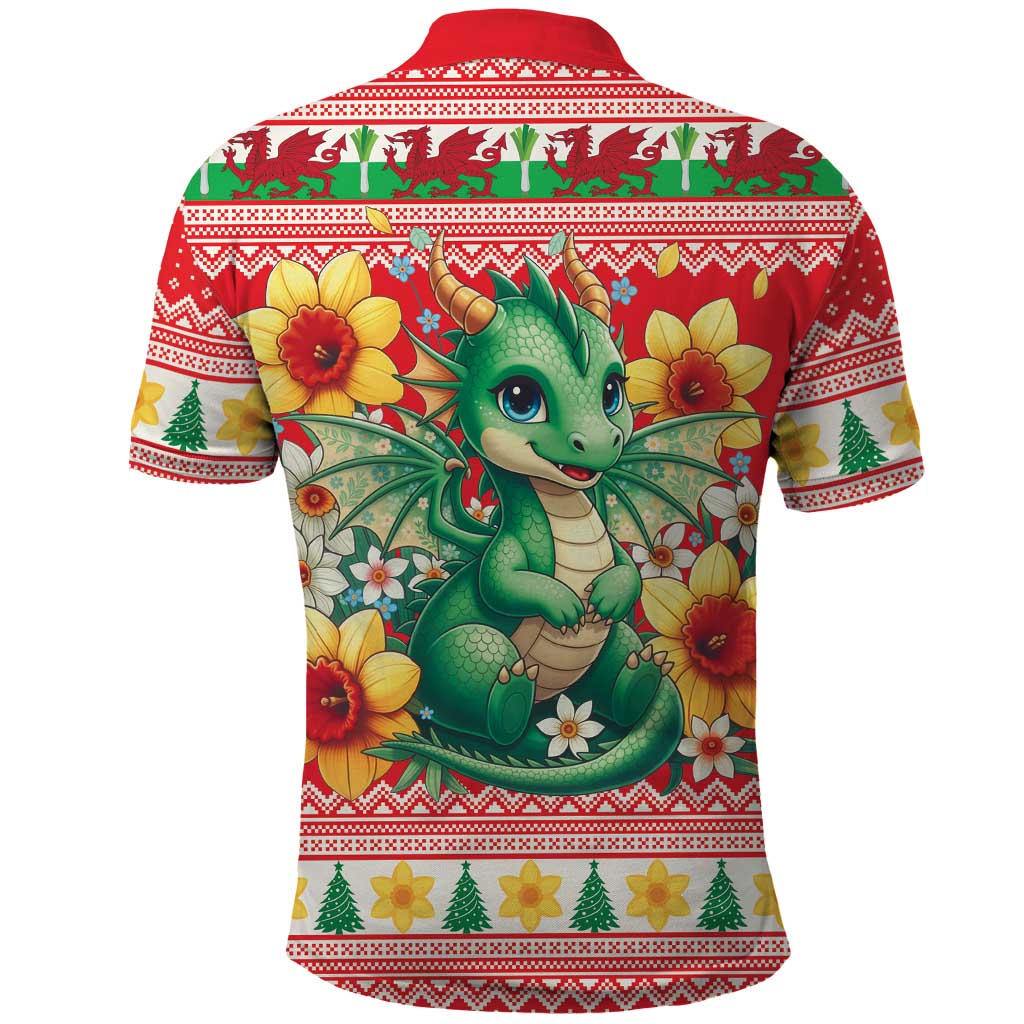 Wales Christmas Polo Shirt Cute Green Welsh Dragon and Daffodils - Wonder Print Shop