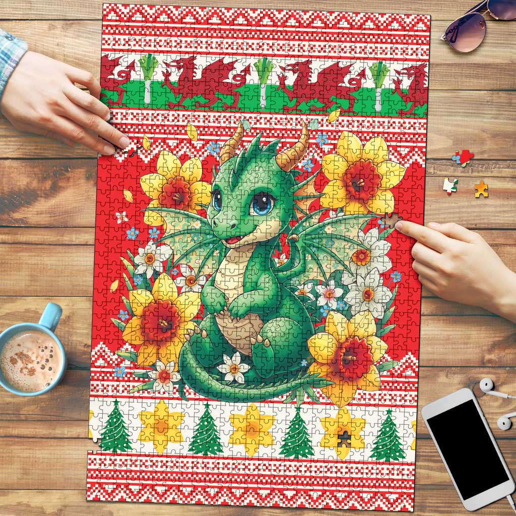 Wales Christmas Puzzle Cute Green Welsh Dragon and Daffodils - Wonder Print Shop
