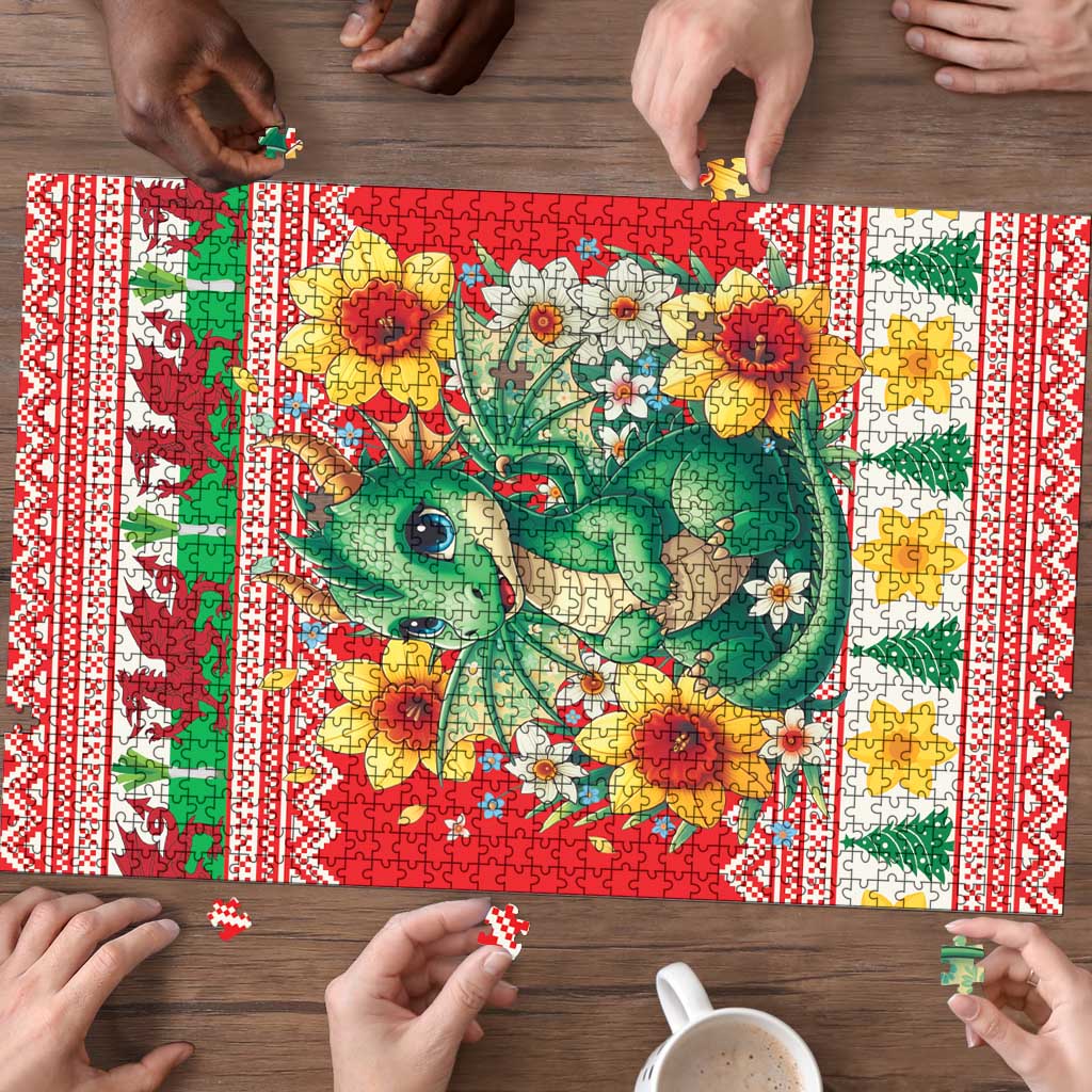 Wales Christmas Puzzle Cute Green Welsh Dragon and Daffodils - Wonder Print Shop
