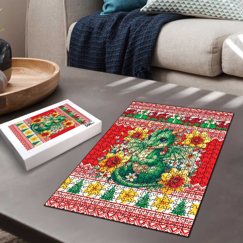 Wales Christmas Puzzle Cute Green Welsh Dragon and Daffodils - Wonder Print Shop