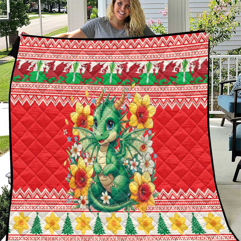 Wales Christmas Quilt Cute Green Welsh Dragon and Daffodils - Wonder Print Shop