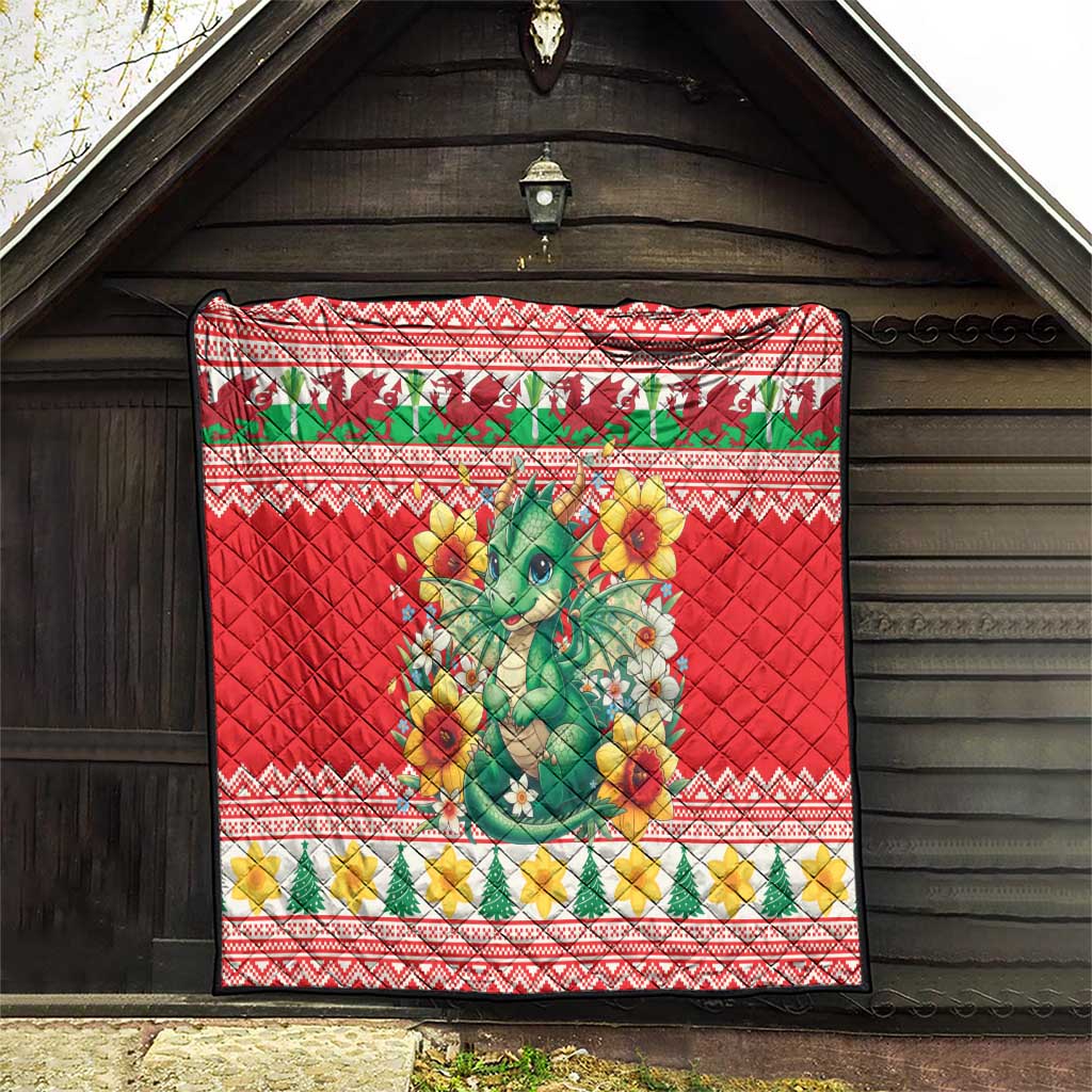 Wales Christmas Quilt Cute Green Welsh Dragon and Daffodils - Wonder Print Shop