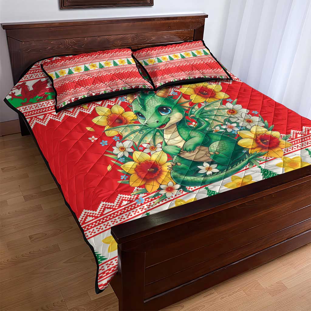 Wales Christmas Quilt Bed Set Cute Green Welsh Dragon and Daffodils - Wonder Print Shop