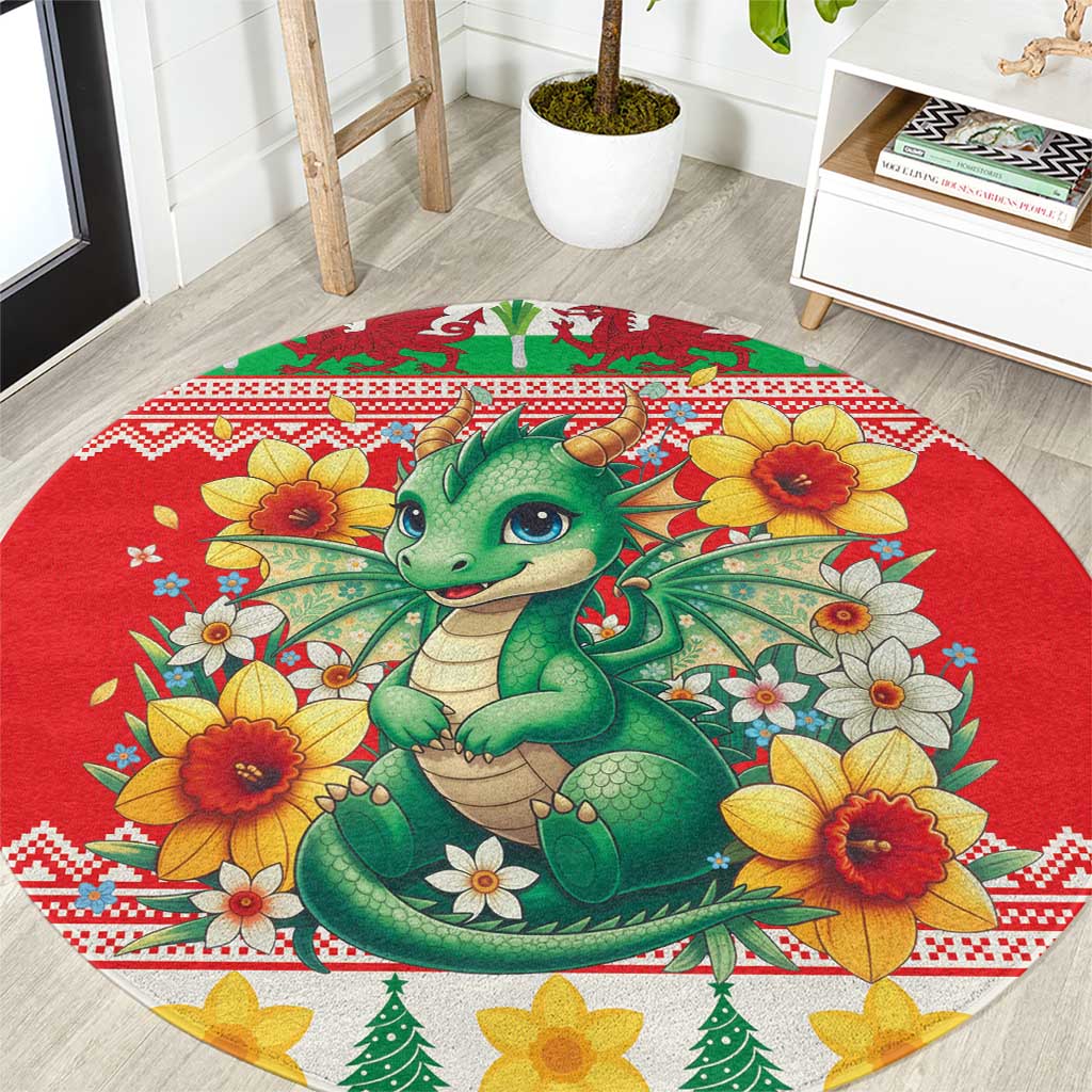 Wales Christmas Round Carpet Cute Green Welsh Dragon and Daffodils - Wonder Print Shop