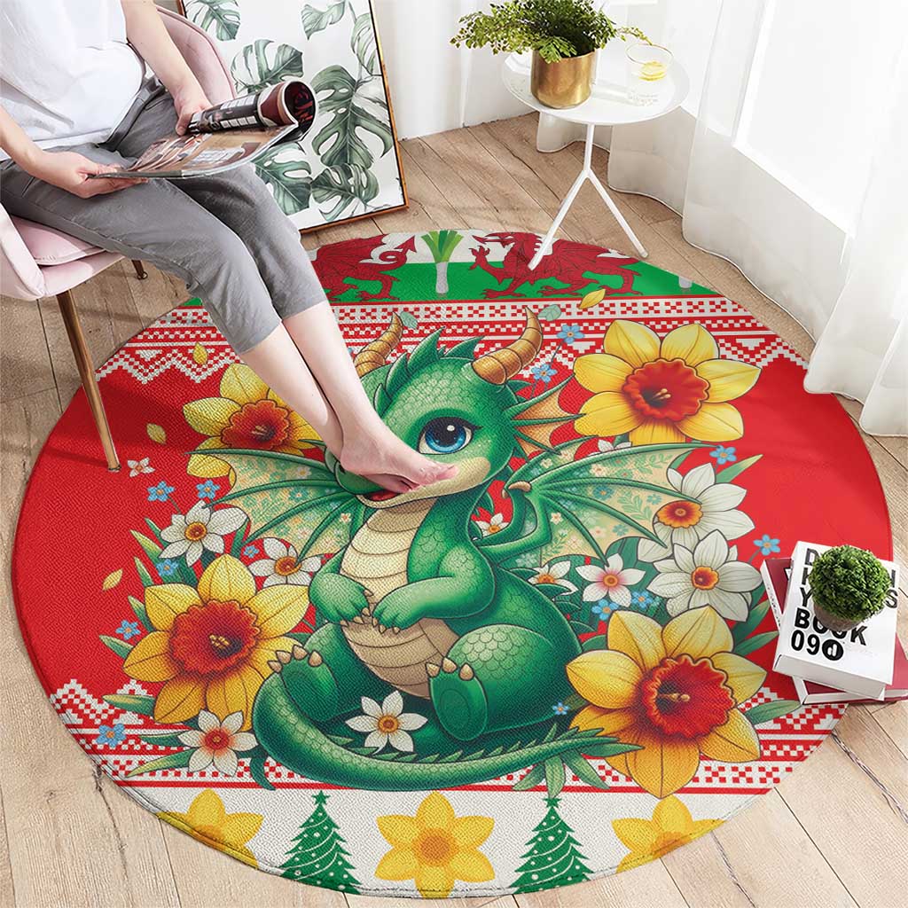 Wales Christmas Round Carpet Cute Green Welsh Dragon and Daffodils - Wonder Print Shop