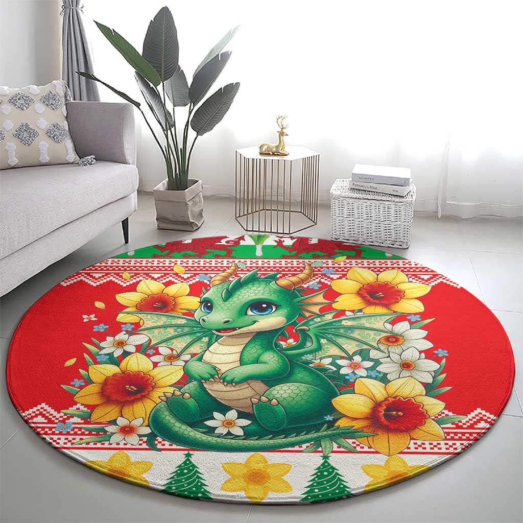 Wales Christmas Round Carpet Cute Green Welsh Dragon and Daffodils - Wonder Print Shop