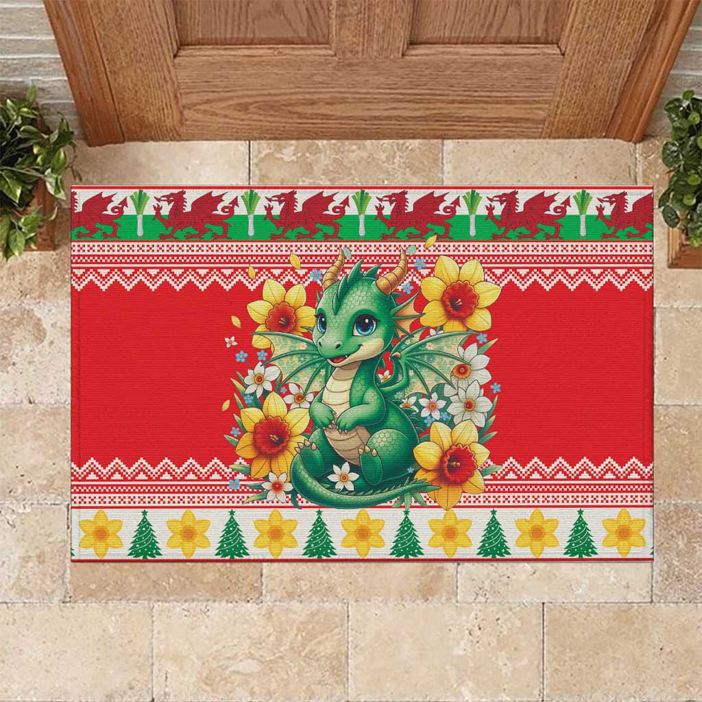 Wales Christmas Rubber Doormat Cute Green Welsh Dragon and Daffodils - Wonder Print Shop