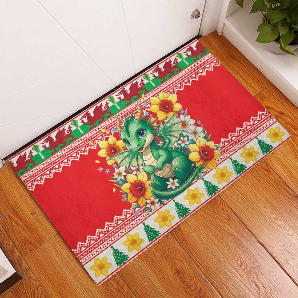 Wales Christmas Rubber Doormat Cute Green Welsh Dragon and Daffodils - Wonder Print Shop