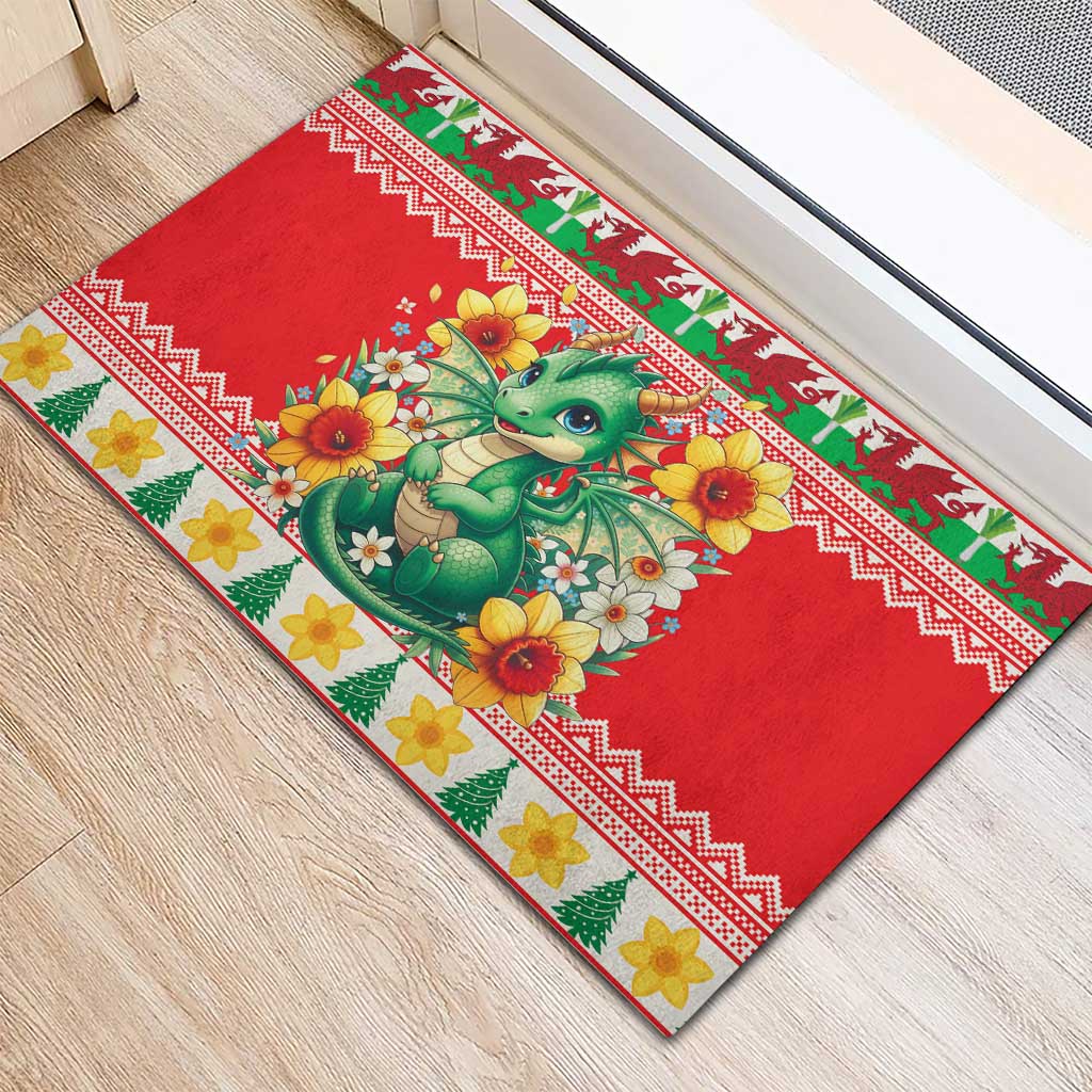 Wales Christmas Rubber Doormat Cute Green Welsh Dragon and Daffodils - Wonder Print Shop