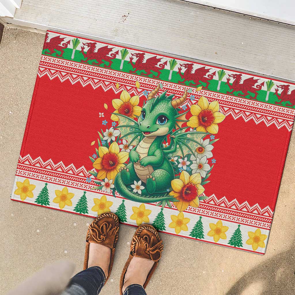 Wales Christmas Rubber Doormat Cute Green Welsh Dragon and Daffodils - Wonder Print Shop