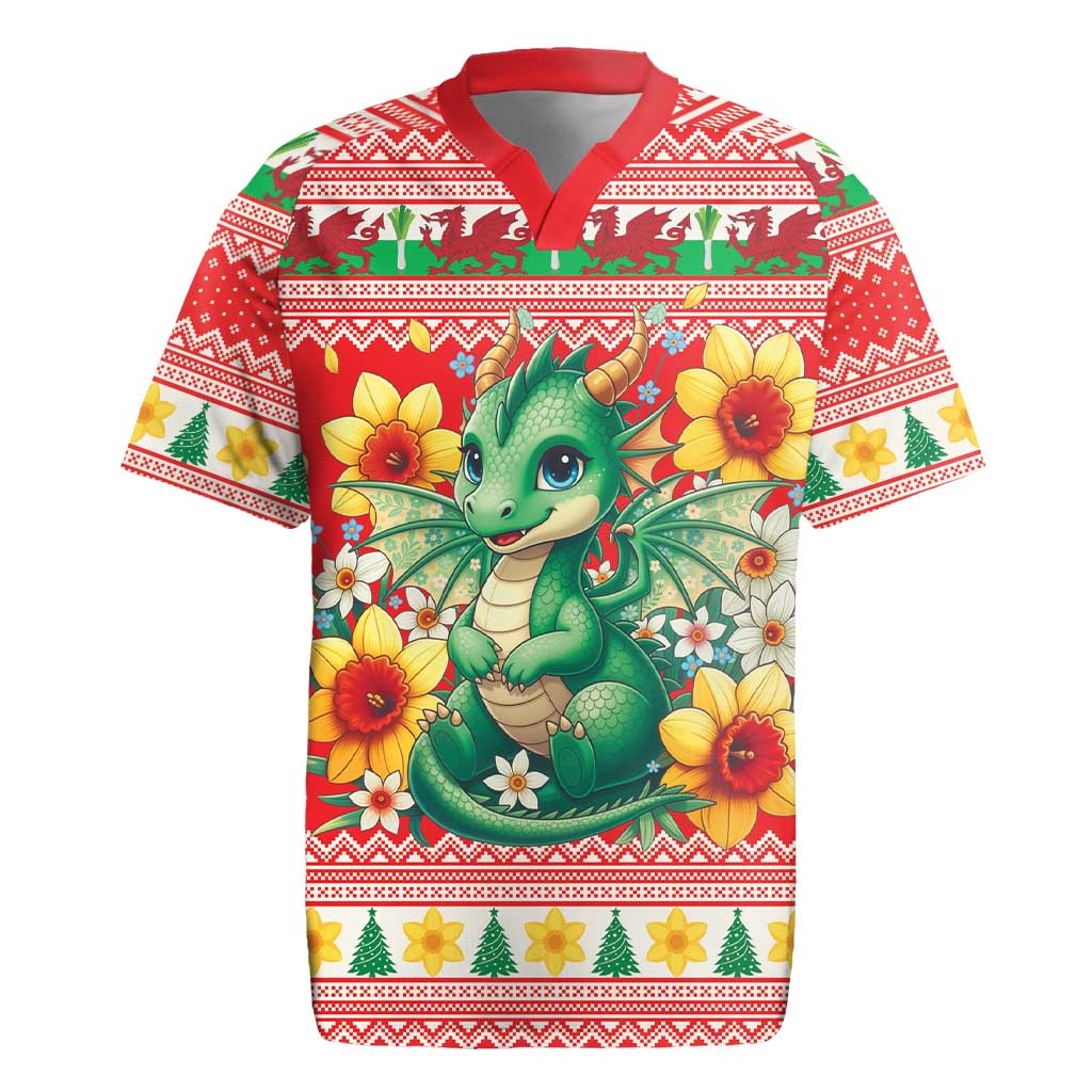 Wales Christmas Rugby Jersey Cute Green Welsh Dragon and Daffodils - Wonder Print Shop