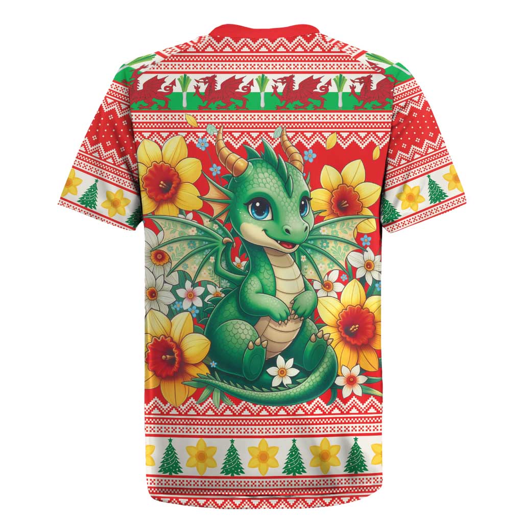 Wales Christmas Rugby Jersey Cute Green Welsh Dragon and Daffodils - Wonder Print Shop