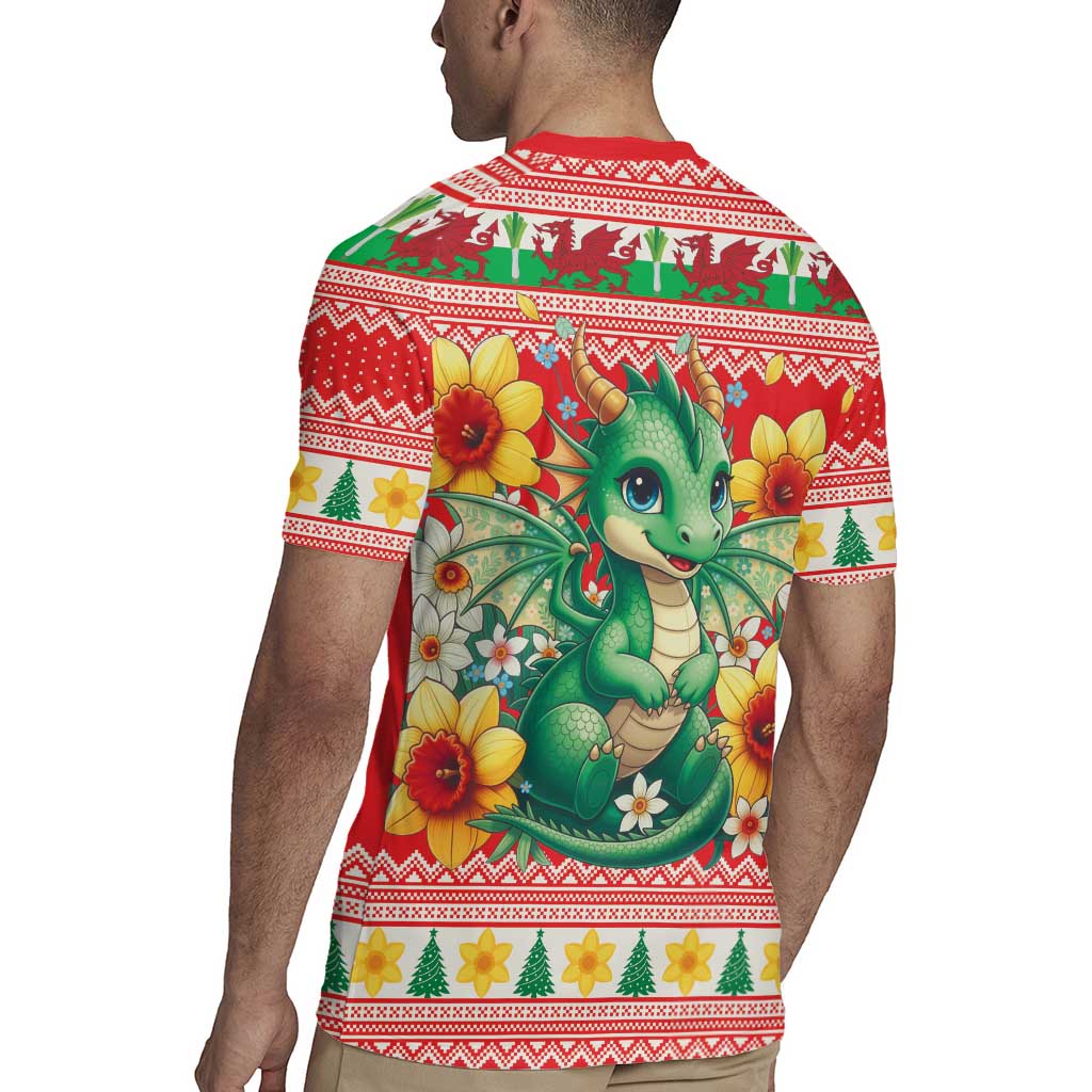 Wales Christmas Rugby Jersey Cute Green Welsh Dragon and Daffodils - Wonder Print Shop