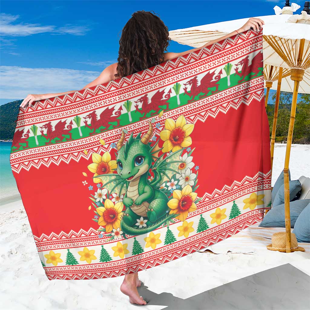 Wales Christmas Sarong Cute Green Welsh Dragon and Daffodils - Wonder Print Shop