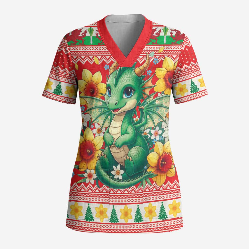 Wales Christmas Scrub Top Cute Green Welsh Dragon and Daffodils - Wonder Print Shop