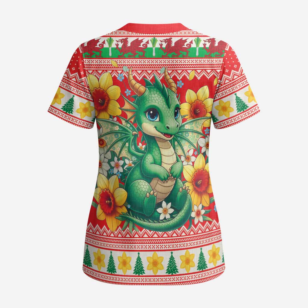 Wales Christmas Scrub Top Cute Green Welsh Dragon and Daffodils - Wonder Print Shop