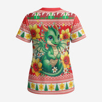 Wales Christmas Scrub Top Cute Green Welsh Dragon and Daffodils - Wonder Print Shop