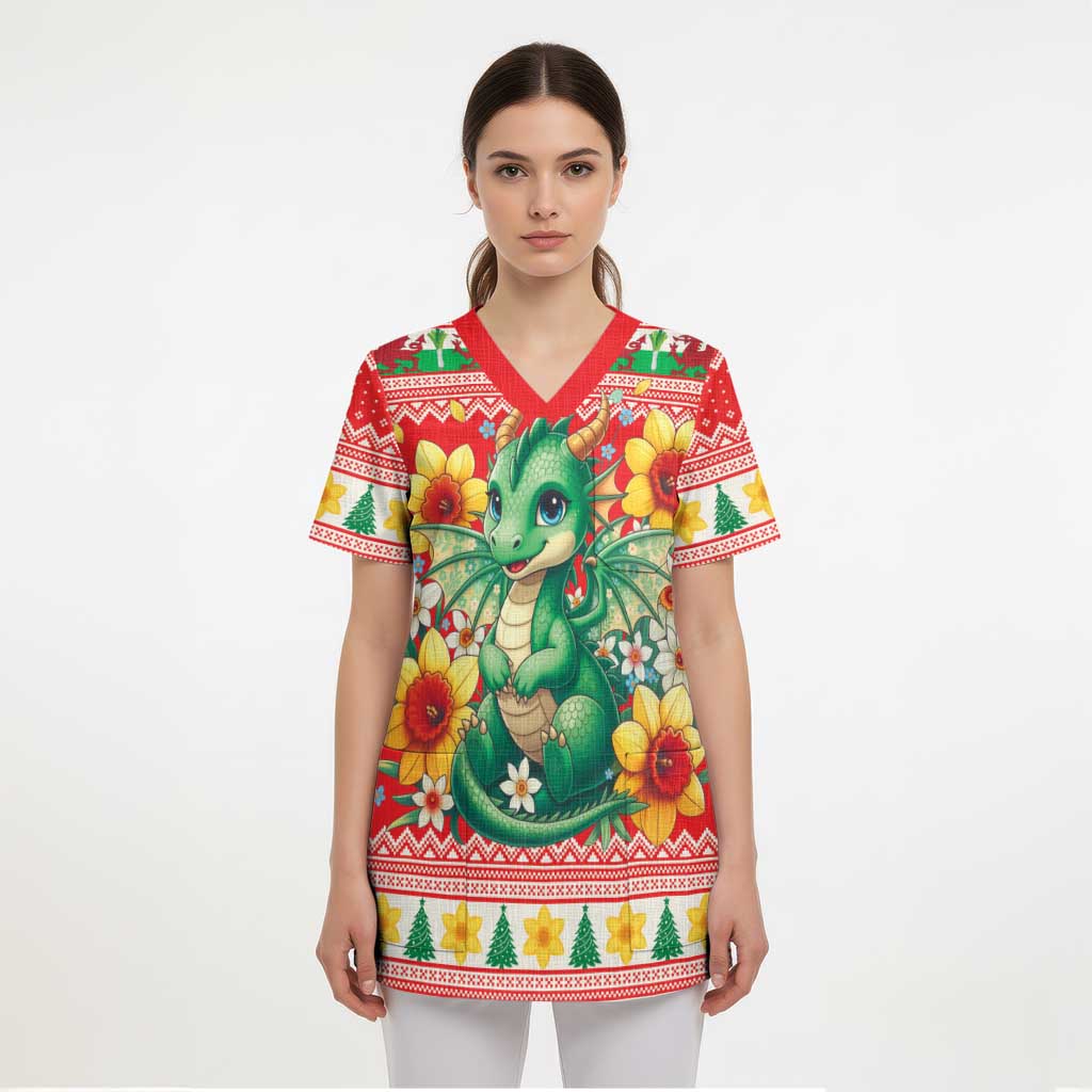 Wales Christmas Scrub Top Cute Green Welsh Dragon and Daffodils - Wonder Print Shop