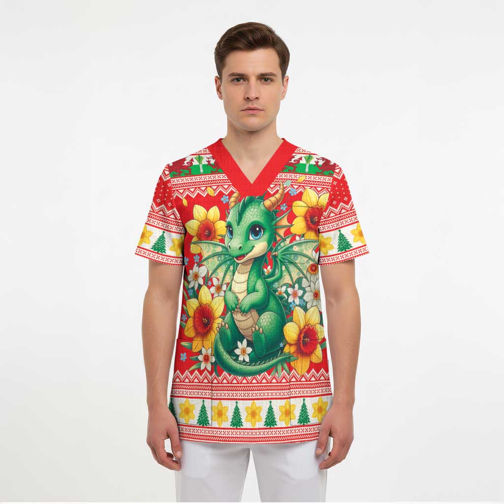 Wales Christmas Scrub Top Cute Green Welsh Dragon and Daffodils - Wonder Print Shop