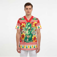 Wales Christmas Scrub Top Cute Green Welsh Dragon and Daffodils - Wonder Print Shop