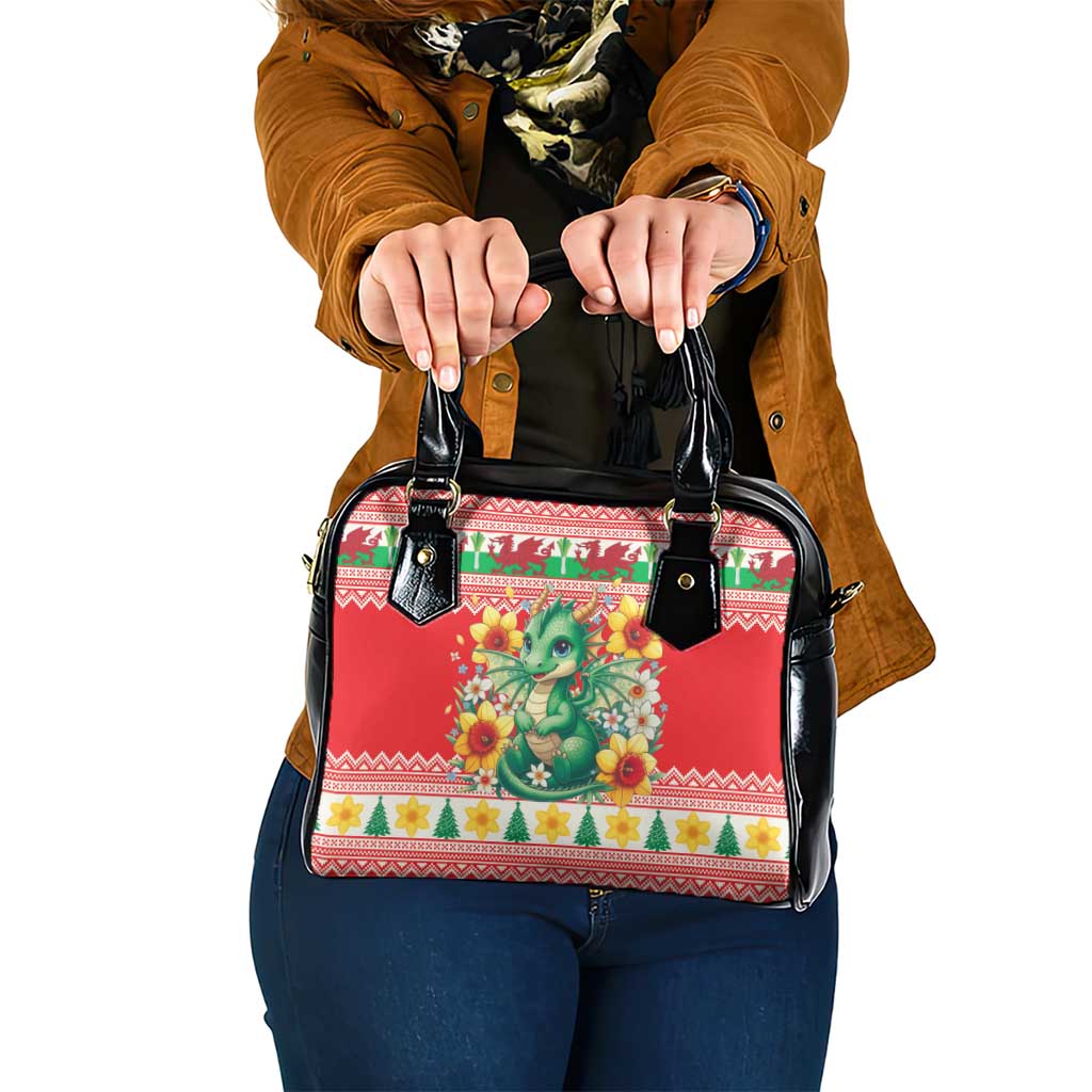 Wales Christmas Shoulder Handbag Cute Green Welsh Dragon and Daffodils - Wonder Print Shop