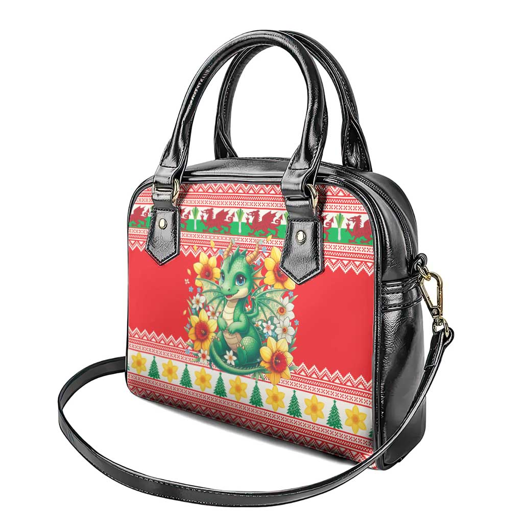 Wales Christmas Shoulder Handbag Cute Green Welsh Dragon and Daffodils - Wonder Print Shop
