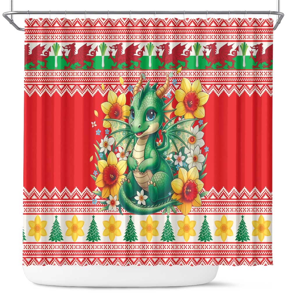 Wales Christmas Shower Curtain Cute Green Welsh Dragon and Daffodils - Wonder Print Shop
