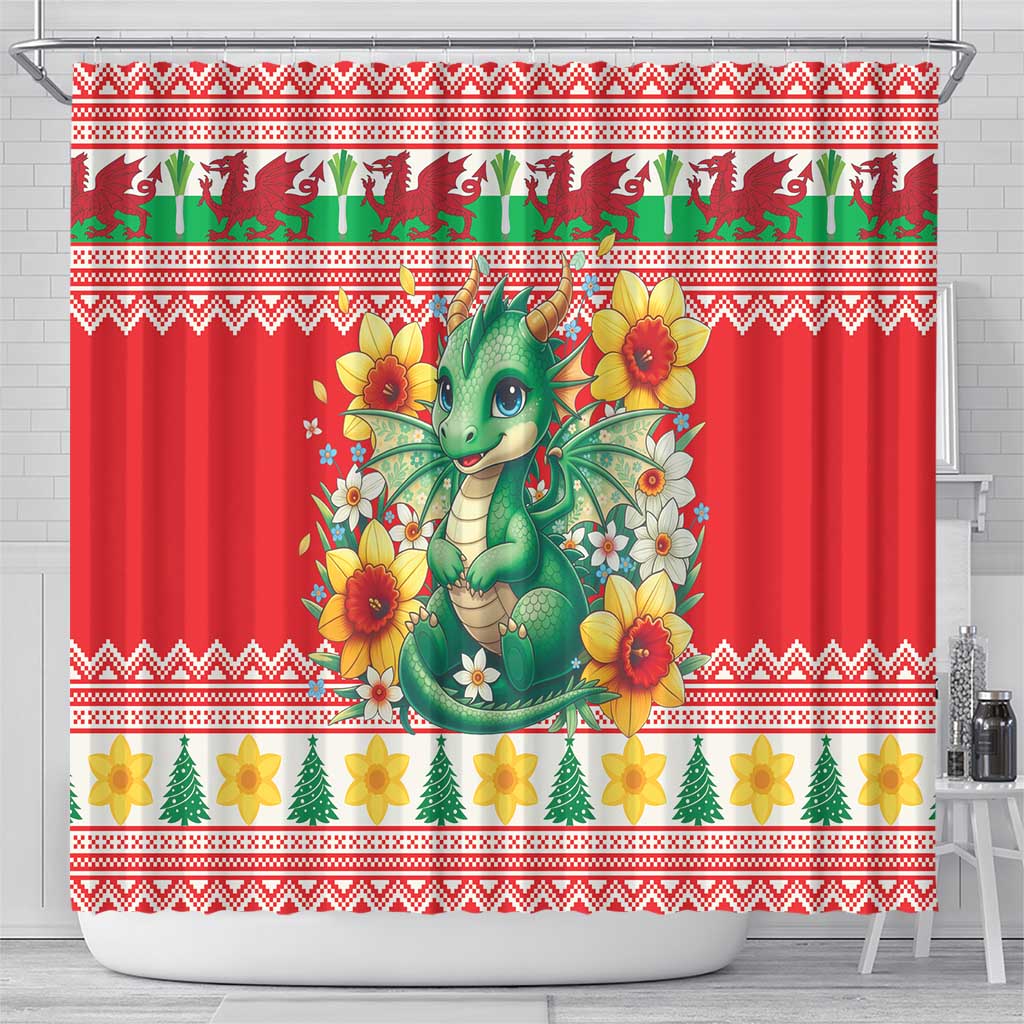 Wales Christmas Shower Curtain Cute Green Welsh Dragon and Daffodils - Wonder Print Shop
