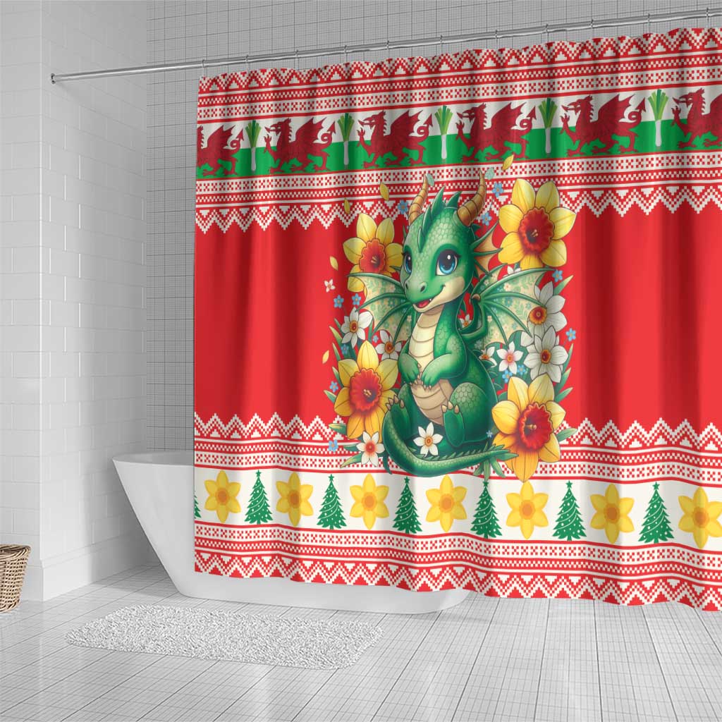 Wales Christmas Shower Curtain Cute Green Welsh Dragon and Daffodils - Wonder Print Shop
