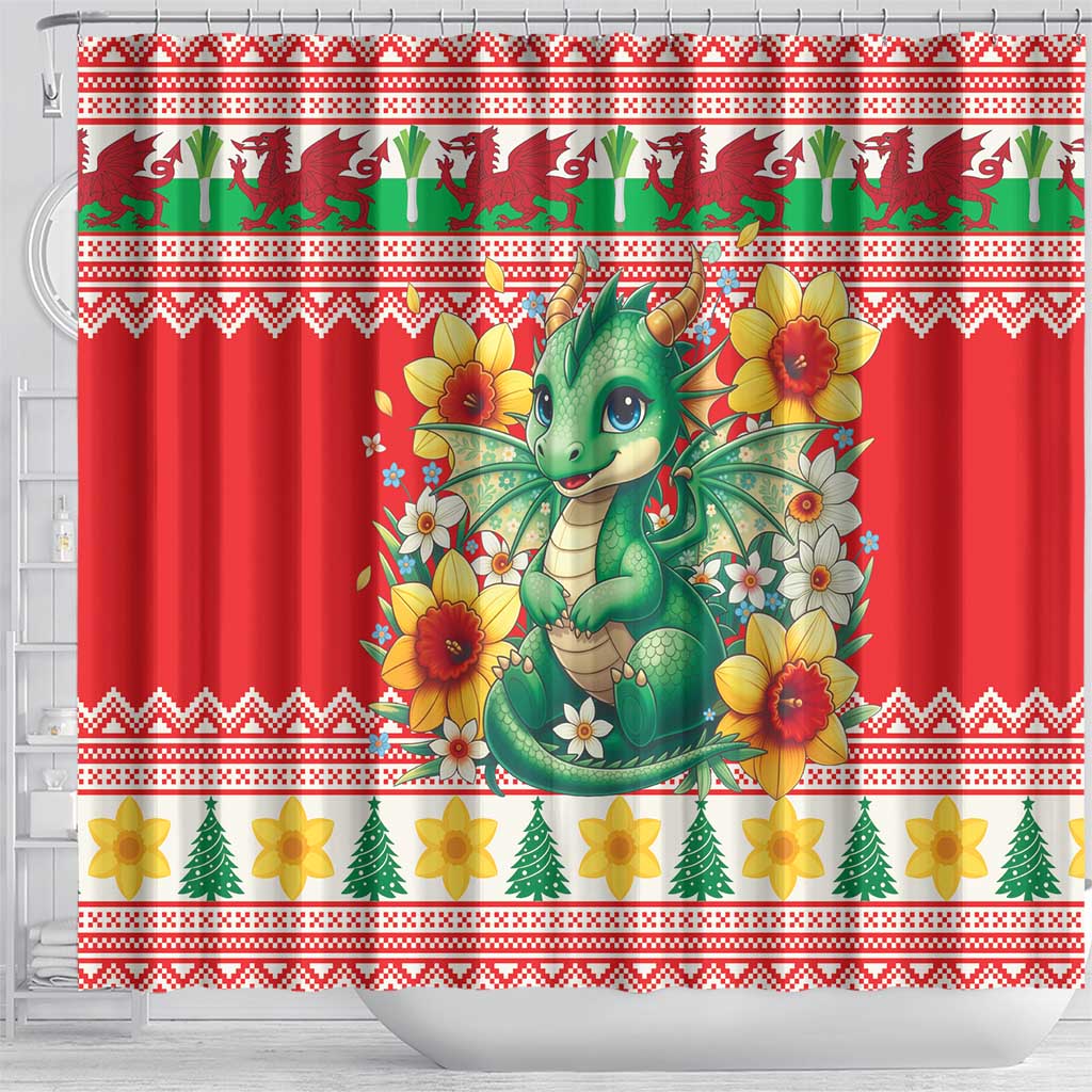 Wales Christmas Shower Curtain Cute Green Welsh Dragon and Daffodils - Wonder Print Shop