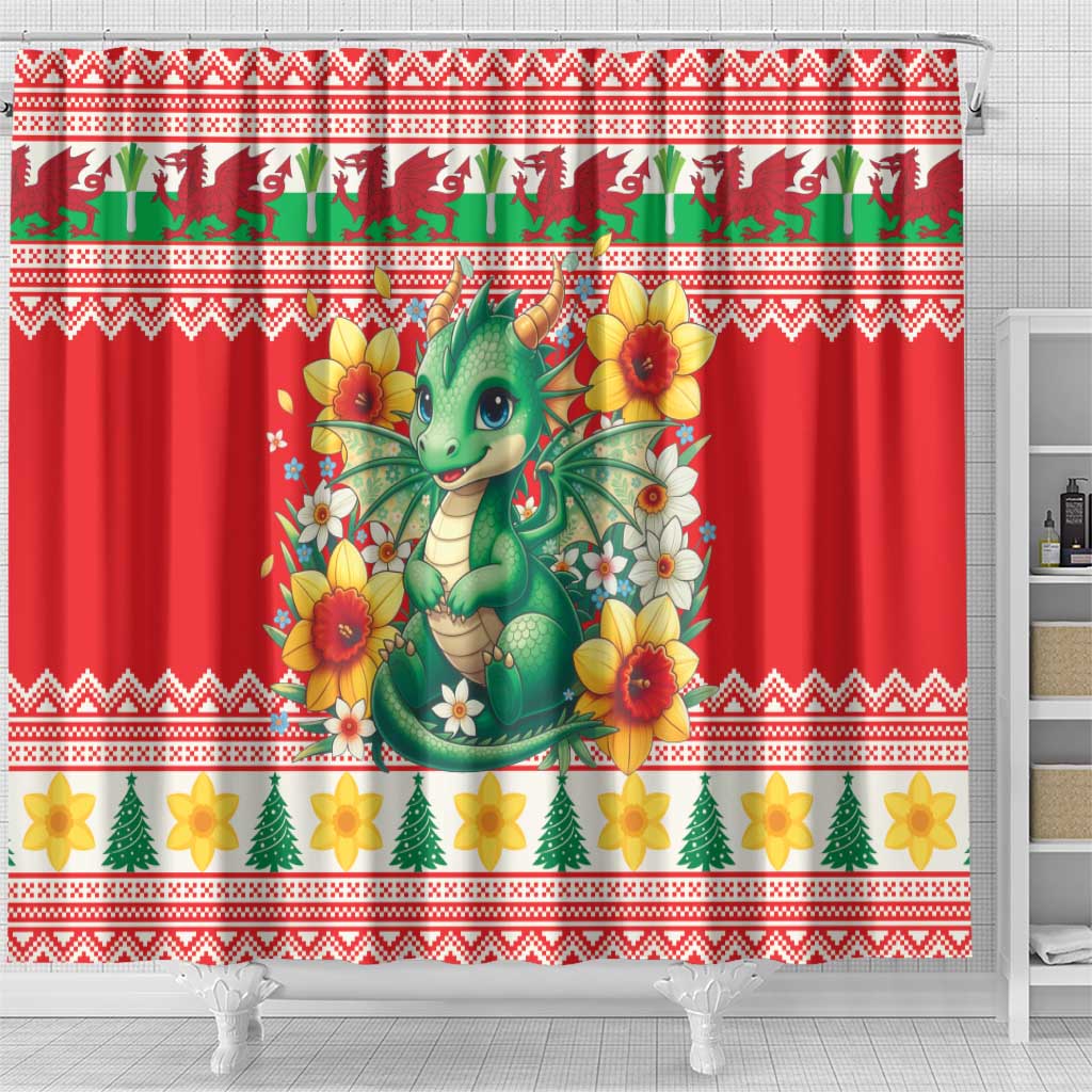 Wales Christmas Shower Curtain Cute Green Welsh Dragon and Daffodils - Wonder Print Shop