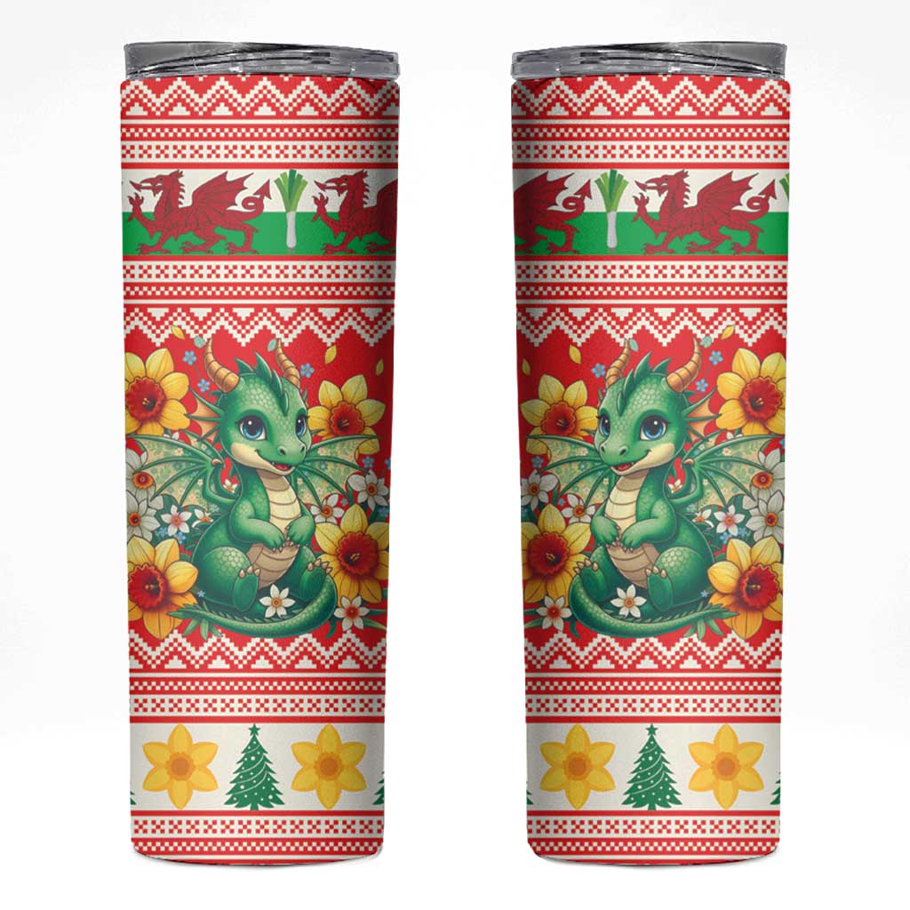 Wales Christmas Skinny Tumbler Cute Green Welsh Dragon and Daffodils - Wonder Print Shop