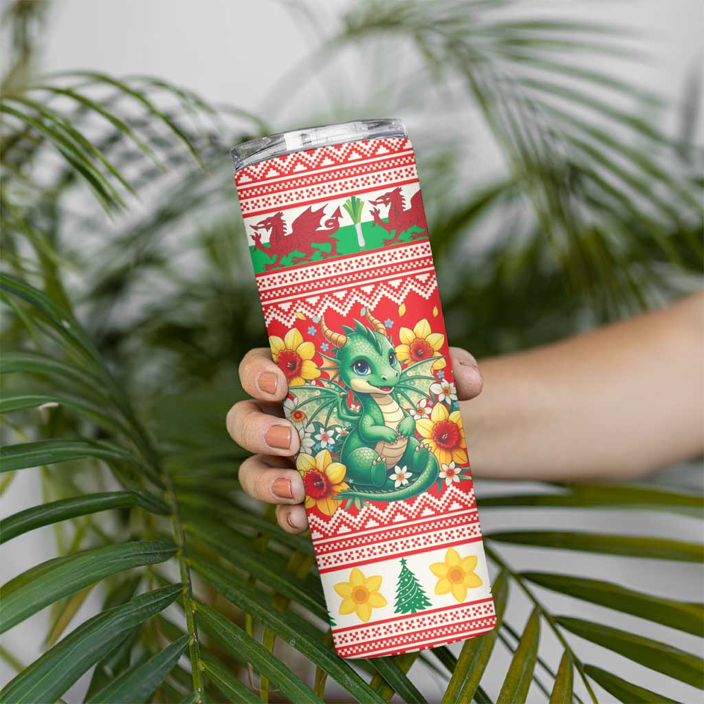 Wales Christmas Skinny Tumbler Cute Green Welsh Dragon and Daffodils - Wonder Print Shop