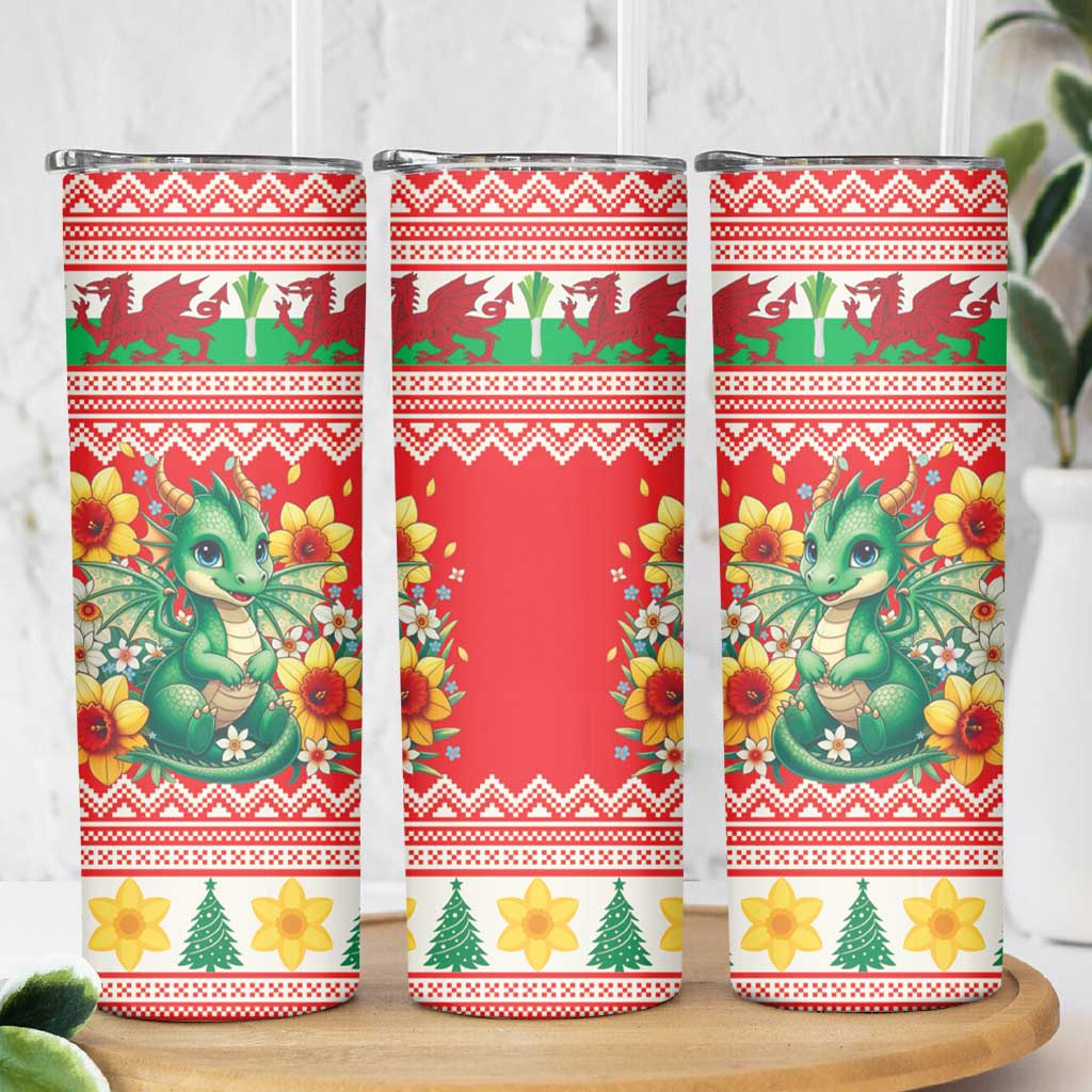Wales Christmas Skinny Tumbler Cute Green Welsh Dragon and Daffodils - Wonder Print Shop