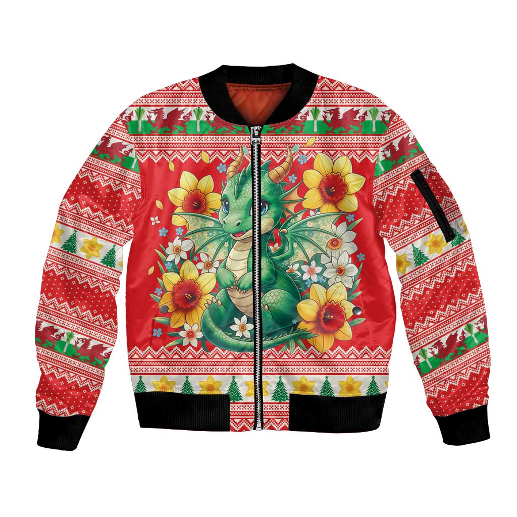 Wales Christmas Sleeve Zip Bomber Jacket Cute Green Welsh Dragon and Daffodils - Wonder Print Shop