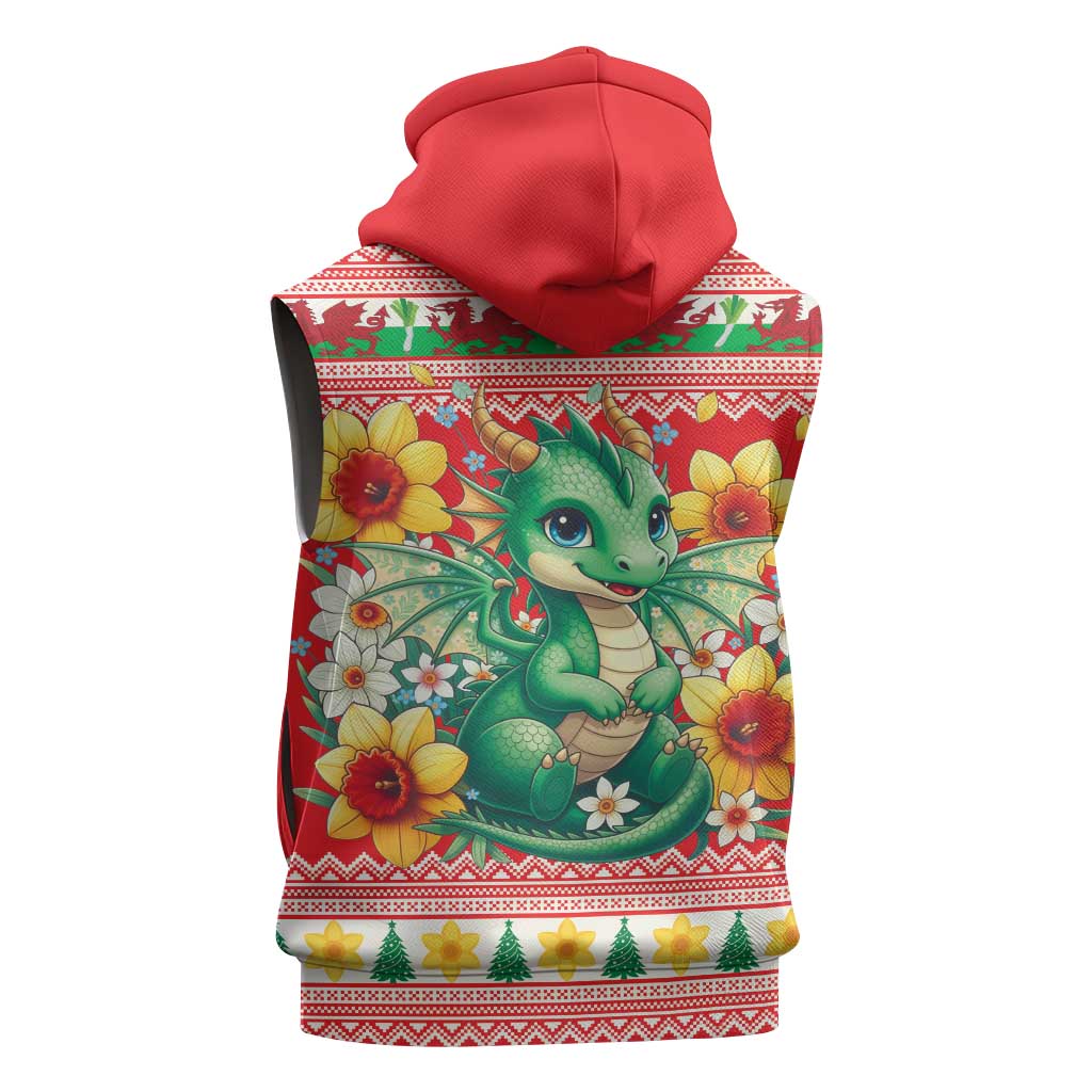 Wales Christmas Sleeveless Hoodie Cute Green Welsh Dragon and Daffodils - Wonder Print Shop