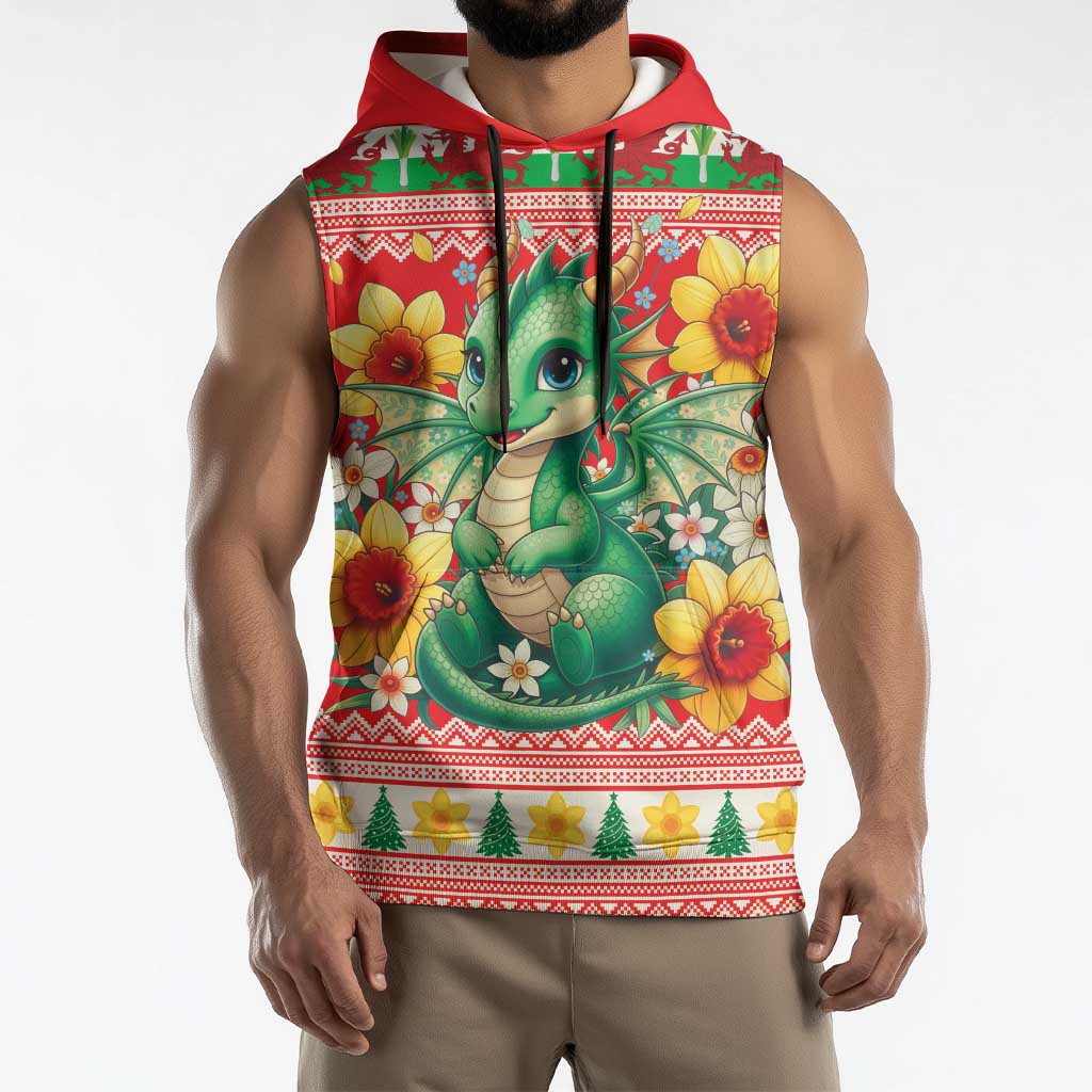 Wales Christmas Sleeveless Hoodie Cute Green Welsh Dragon and Daffodils - Wonder Print Shop