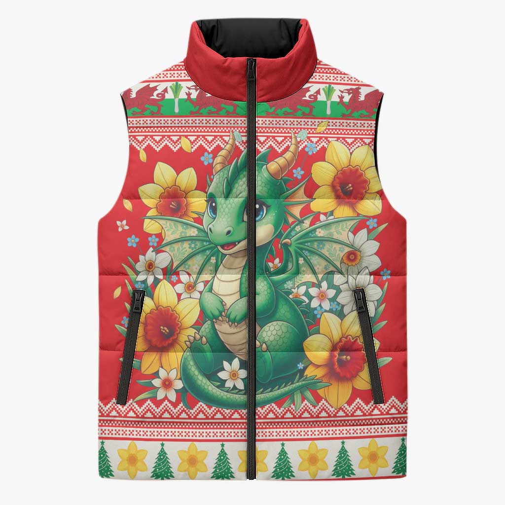 Wales Christmas Sleeveless Puffer Jacket Cute Green Welsh Dragon and Daffodils - Wonder Print Shop