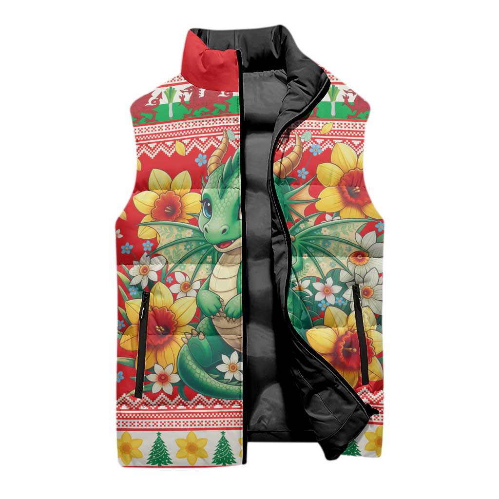Wales Christmas Sleeveless Puffer Jacket Cute Green Welsh Dragon and Daffodils - Wonder Print Shop