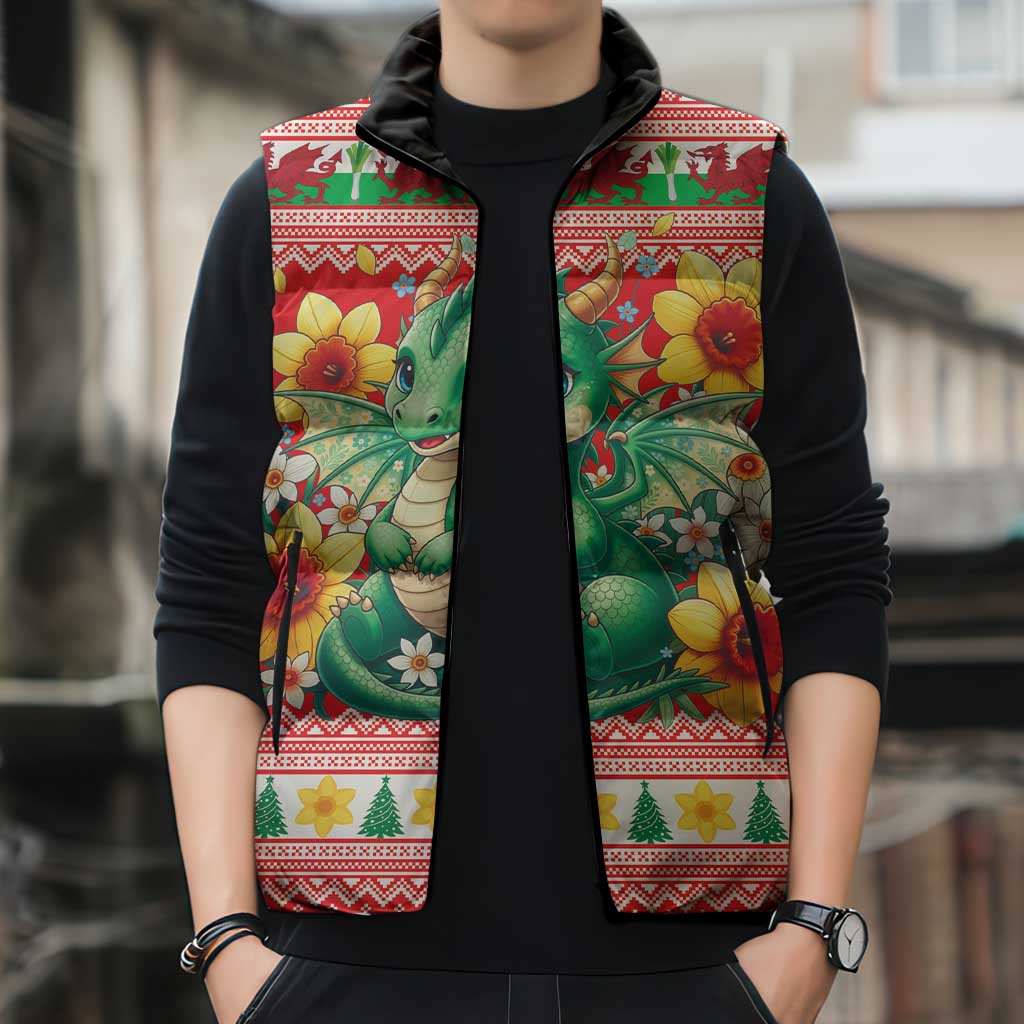 Wales Christmas Sleeveless Puffer Jacket Cute Green Welsh Dragon and Daffodils - Wonder Print Shop
