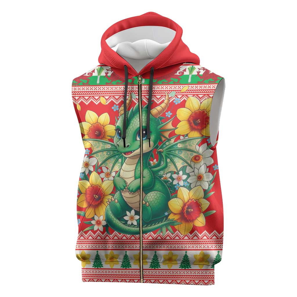 Wales Christmas Sleeveless Zip Hoodie Cute Green Welsh Dragon and Daffodils - Wonder Print Shop