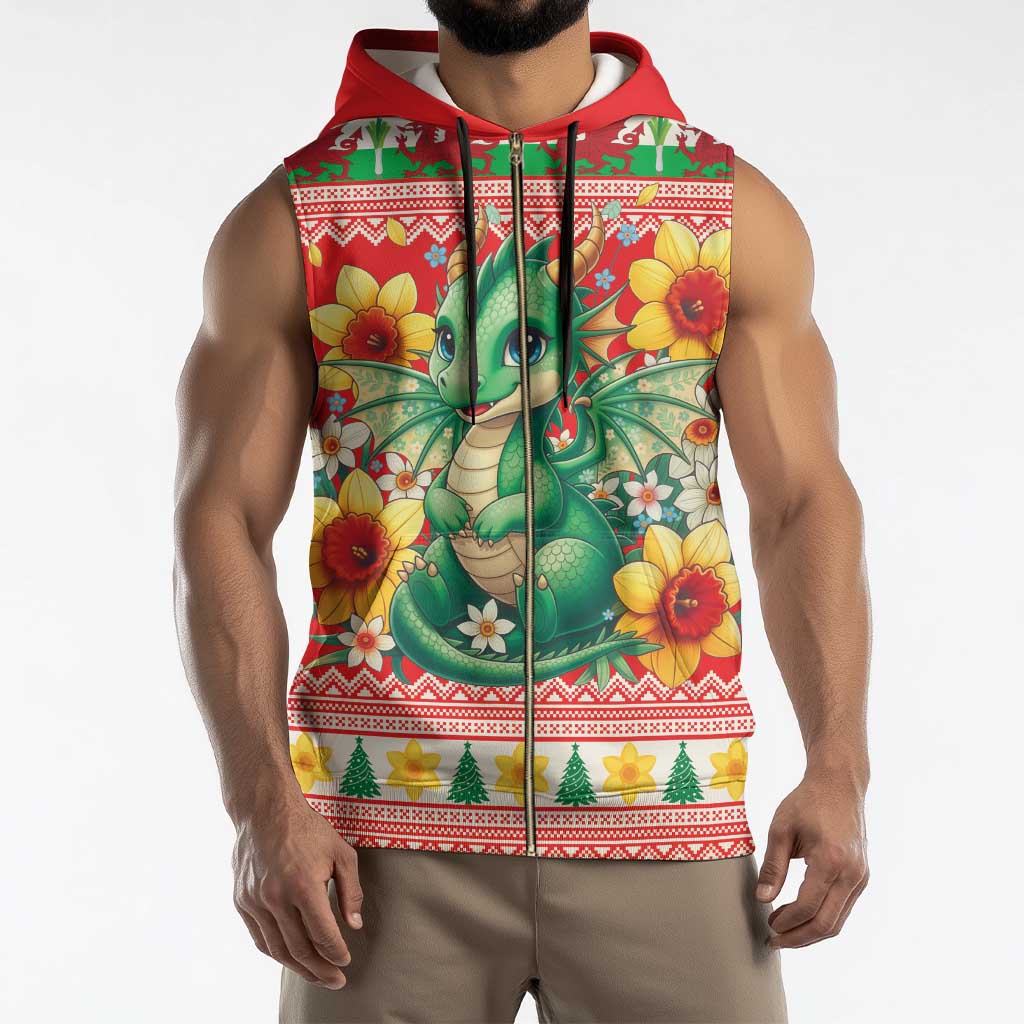 Wales Christmas Sleeveless Zip Hoodie Cute Green Welsh Dragon and Daffodils - Wonder Print Shop