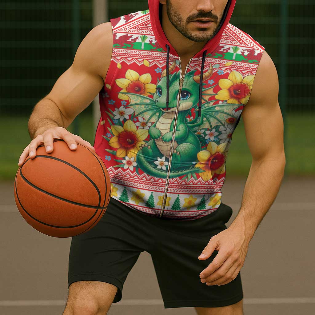 Wales Christmas Sleeveless Zip Hoodie Cute Green Welsh Dragon and Daffodils - Wonder Print Shop