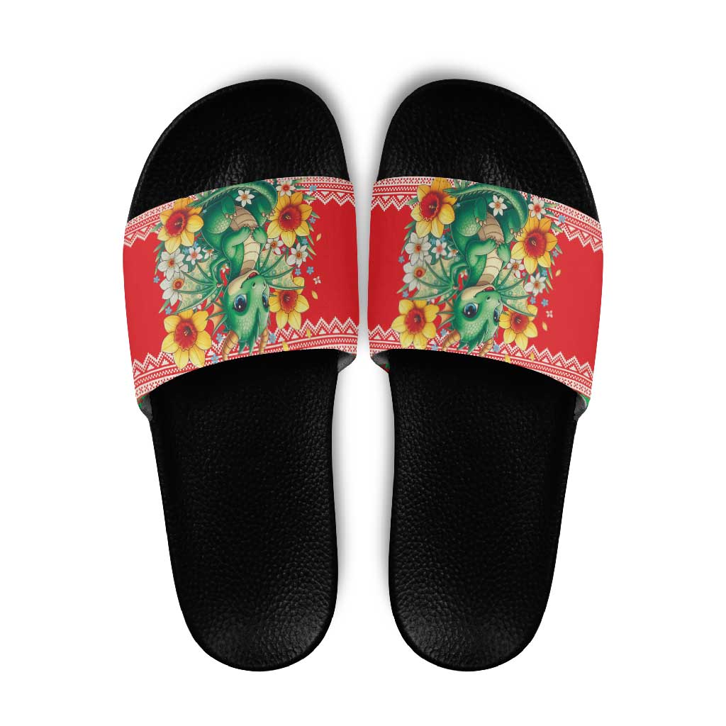 Wales Christmas Slide Sandals Cute Green Welsh Dragon and Daffodils - Wonder Print Shop