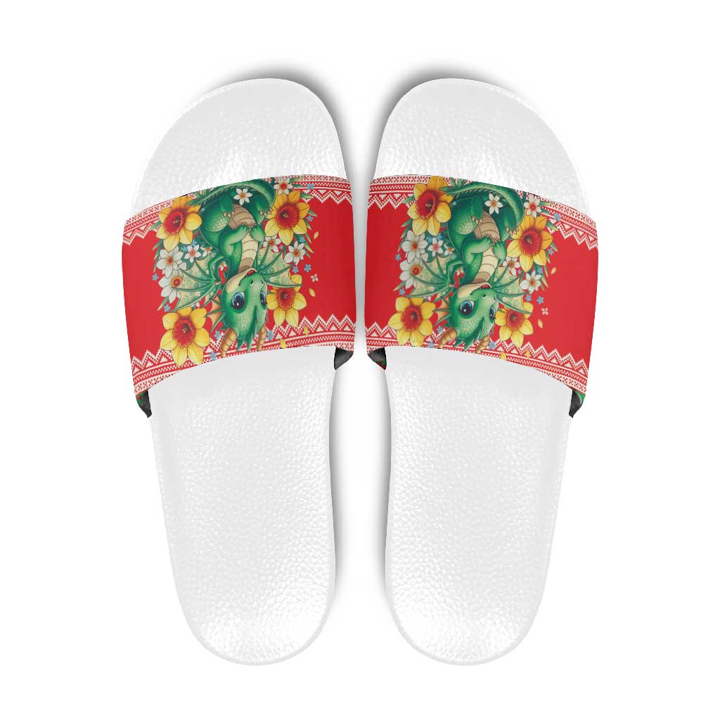 Wales Christmas Slide Sandals Cute Green Welsh Dragon and Daffodils - Wonder Print Shop