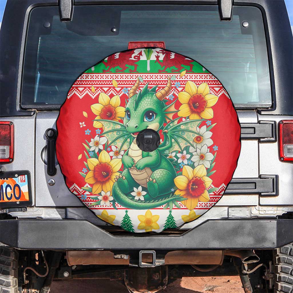 Wales Christmas Spare Tire Cover Cute Green Welsh Dragon and Daffodils - Wonder Print Shop
