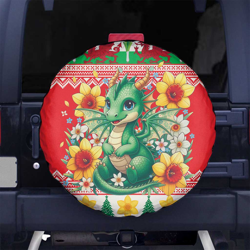 Wales Christmas Spare Tire Cover Cute Green Welsh Dragon and Daffodils - Wonder Print Shop
