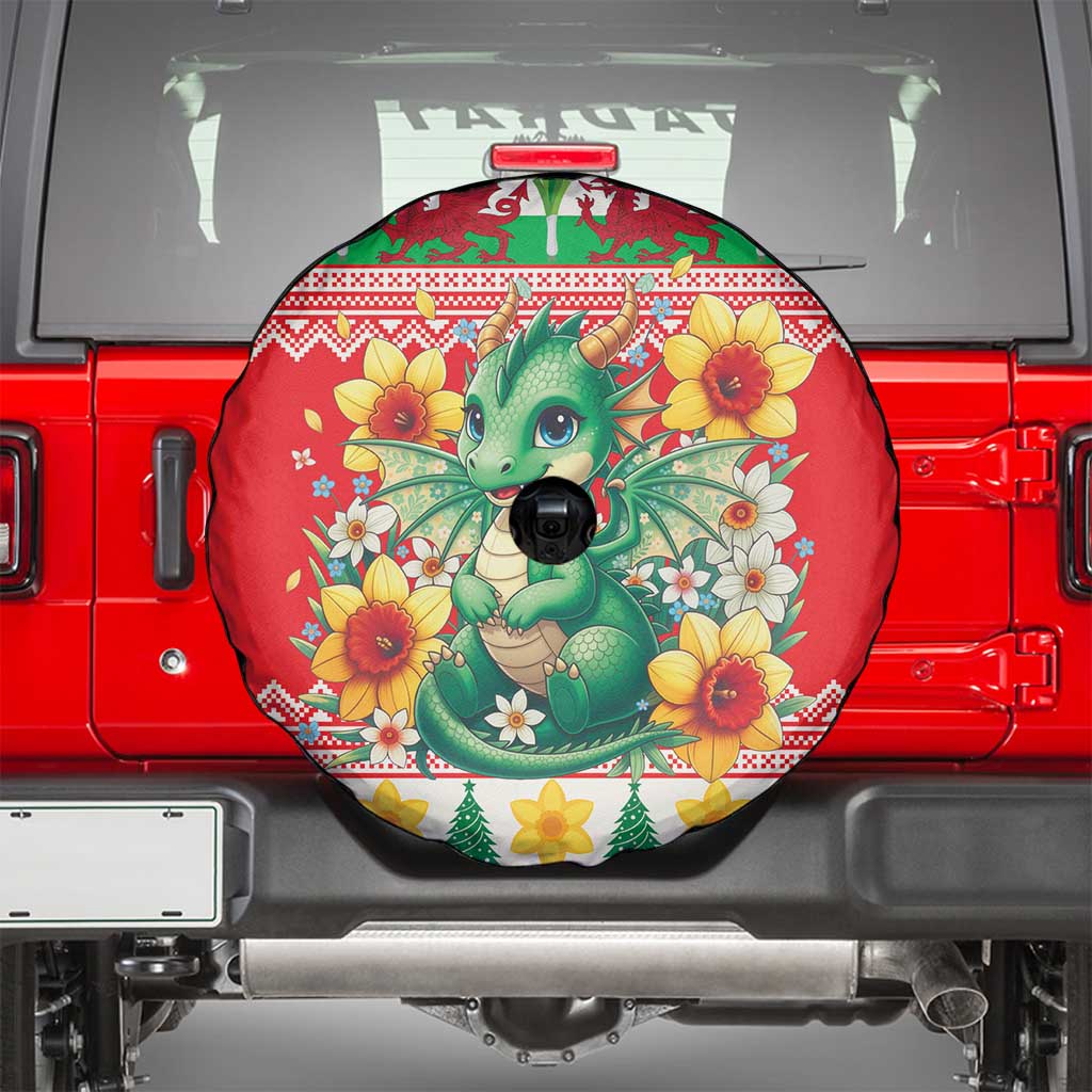 Wales Christmas Spare Tire Cover Cute Green Welsh Dragon and Daffodils - Wonder Print Shop