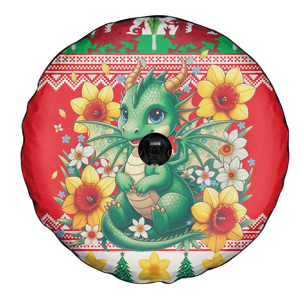 Wales Christmas Spare Tire Cover Cute Green Welsh Dragon and Daffodils - Wonder Print Shop